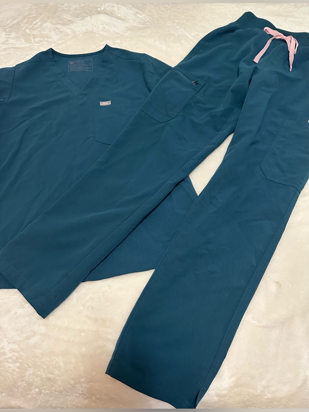Figs Teal Women's Top and bottoms with Pink Drawstring